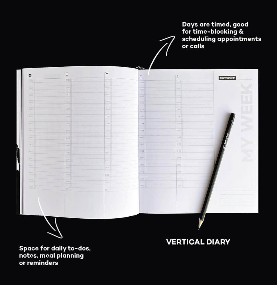 Open HELLO TIME Planner showing vertical weekly diary layout with pencil.
