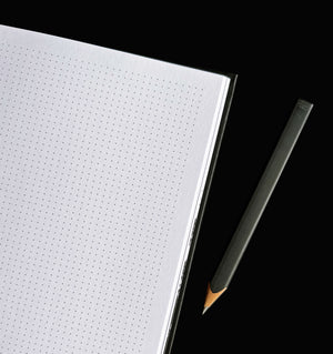Dot grid notes page in HELLO TIME Planner with black pencil on dark background